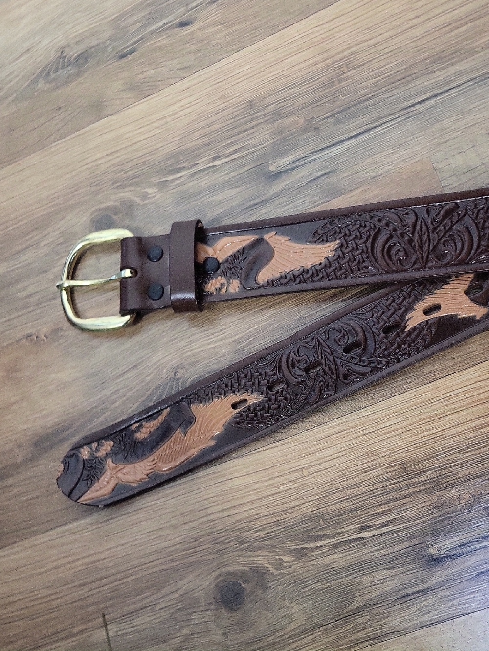 Hand-Tooled Brown/Tan Top Grain Leather Eagle & Floral Scroll Brass Buckle Belt